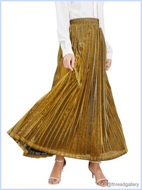 Metallic Accordion Pleated Maxi Skirt Shiny Shimmer A-Line